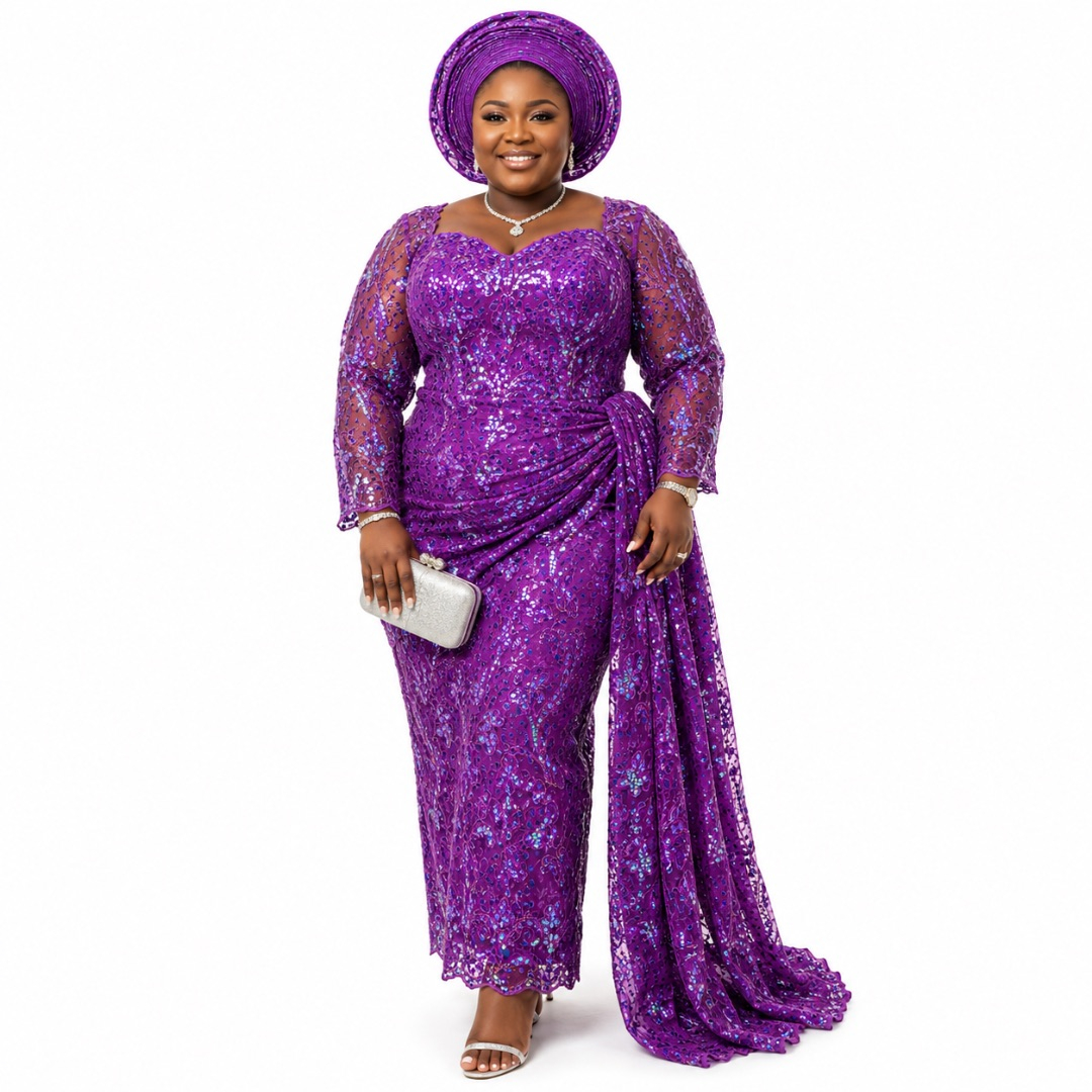 Luxury Violet Purple Iridescent Sequin Lace Fabric