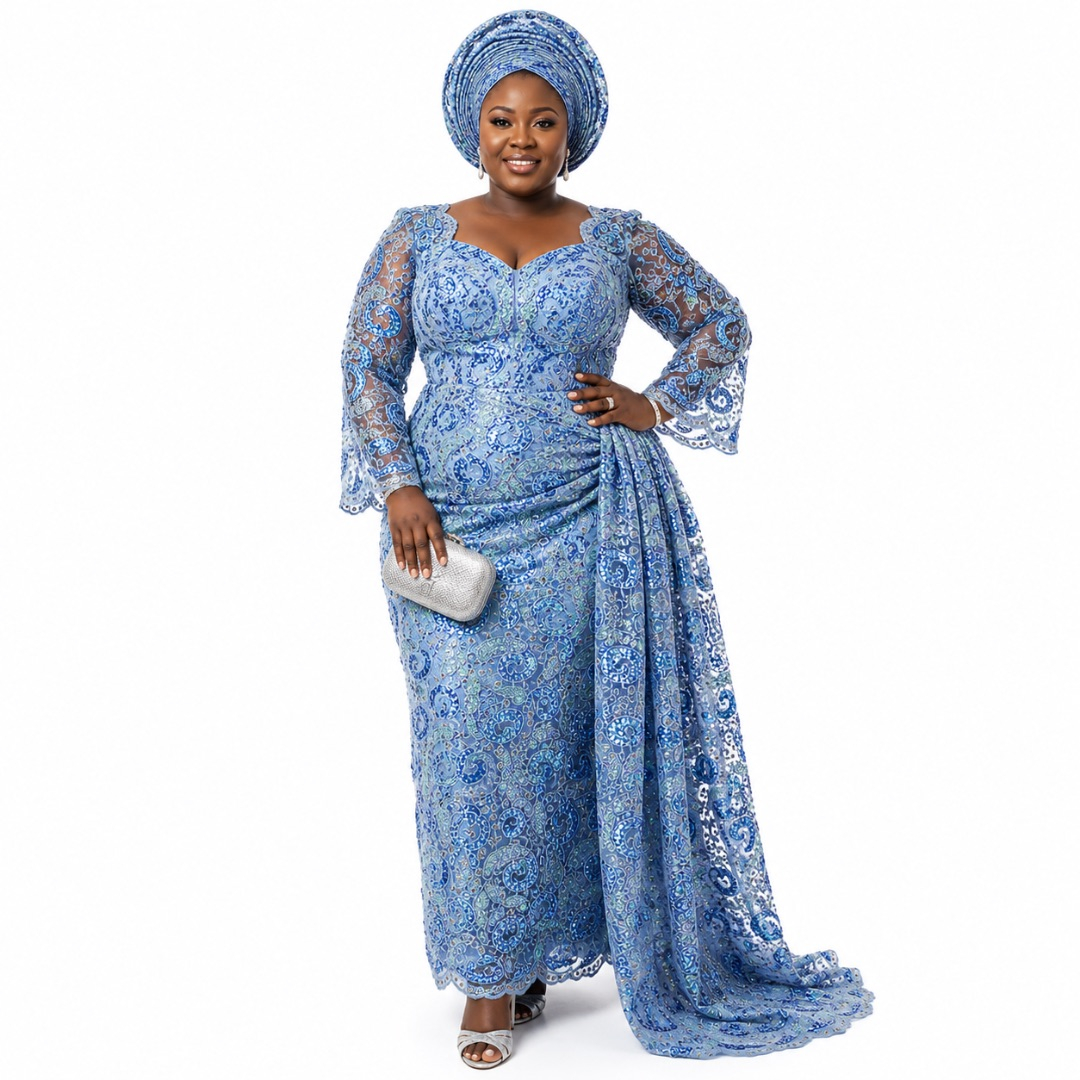 Luxury Sky Blue Paisley Sequin Lace Fabric