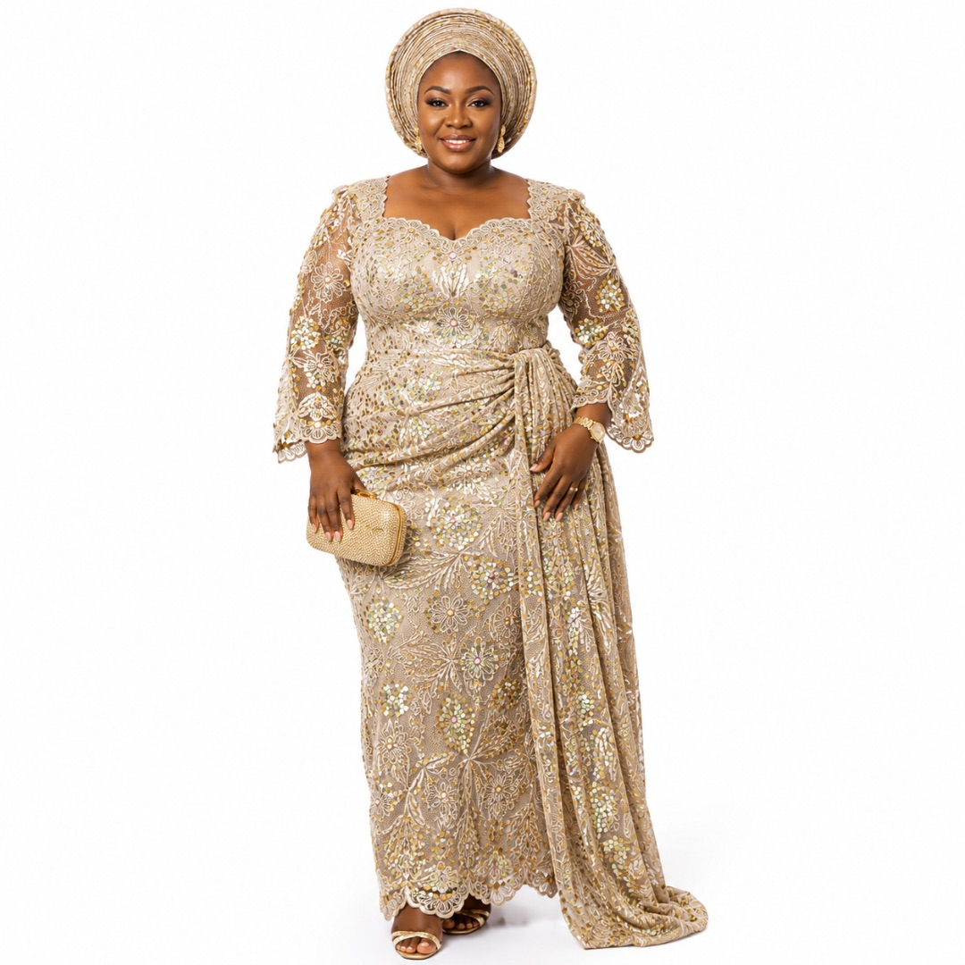Luxury Champagne Gold Floral Embroidered Lace Fabric
