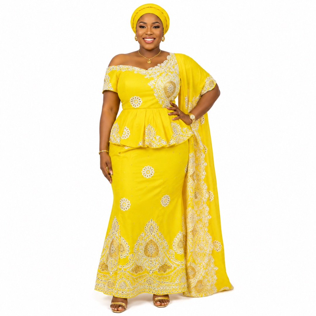 Luxury Lemon Yellow Embroidered George Lace Fabric with Stone Details