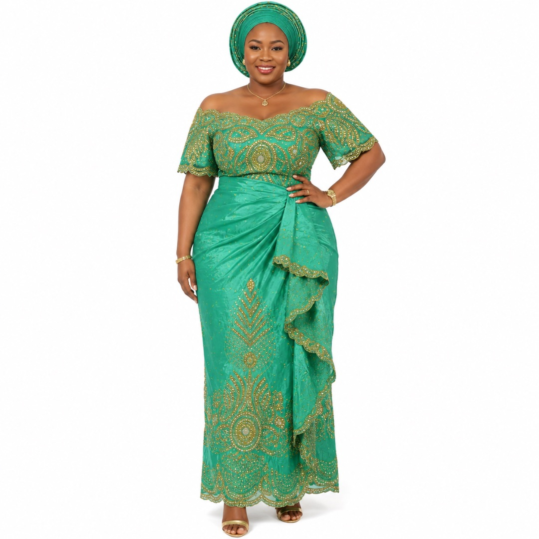 Luxury Mint Green Embroidered George Lace Fabric with Gold Stone Details