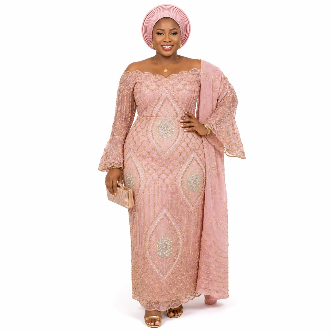 Luxury Blush Pink Embroidered Net George Lace Fabric with Gold Stone Details