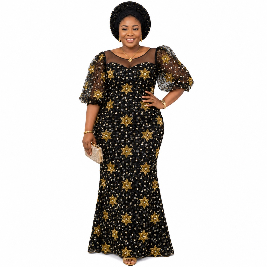 Luxury Black and Gold Star Embroidered George Lace Fabric with Crystal Stones