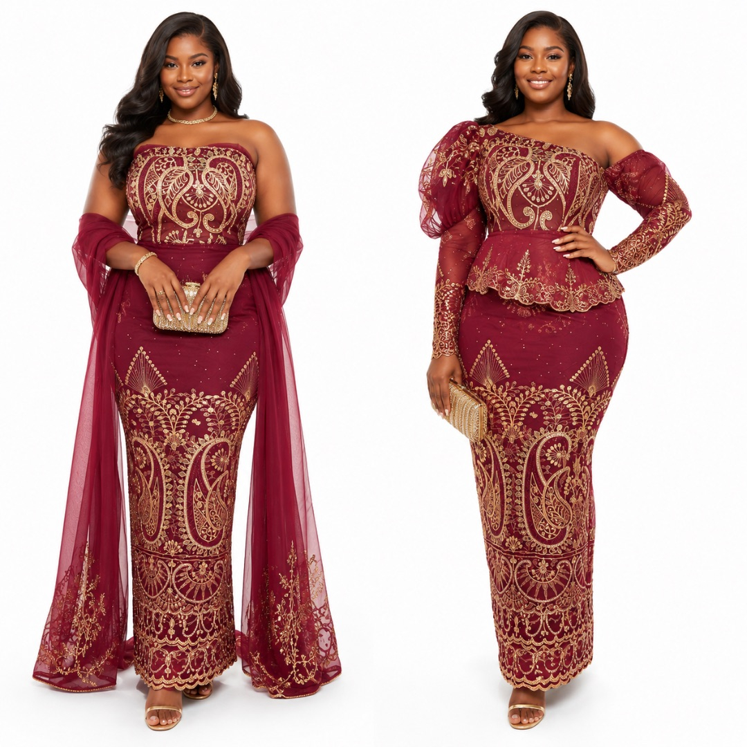 Luxury Burgundy Embroidered Net  George Lace Fabric with Gold Details