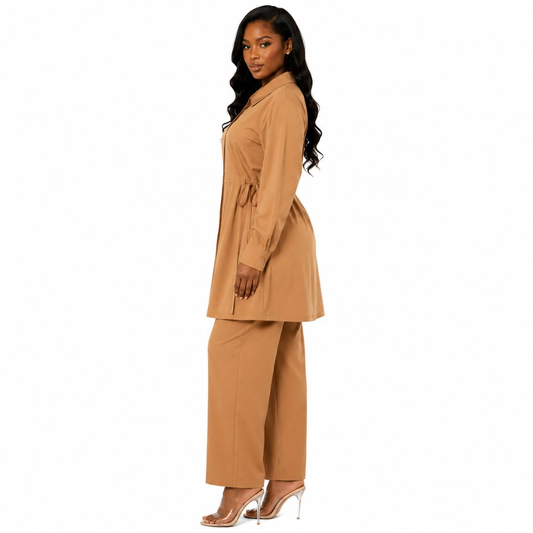 Elegant Camel Two Piece Tunic and Wide Leg Trouser Set for Women