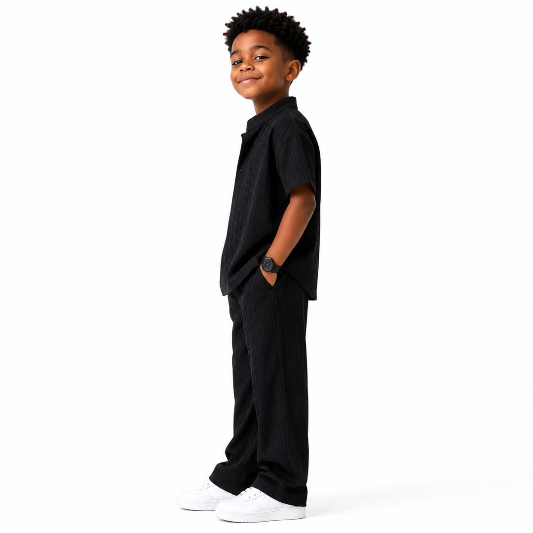 Black Pleated Two Piece Short Sleeve Top and Trousers Set for kids