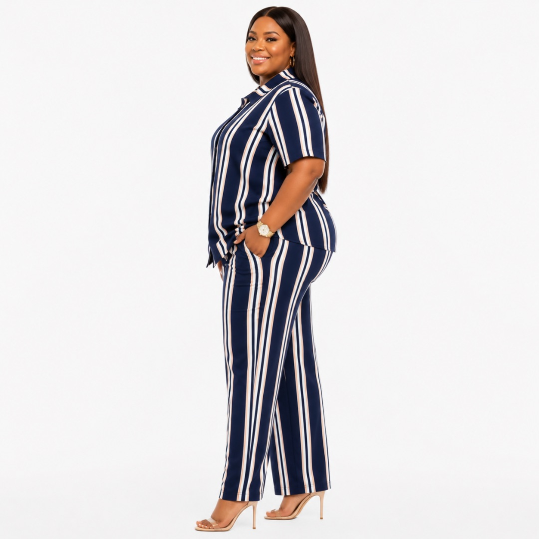 Womens Navy Blue and White Striped Two Piece Set