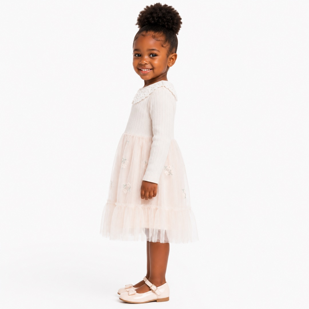 Girls  Blush Pink Lace Collar Tulle Dress
