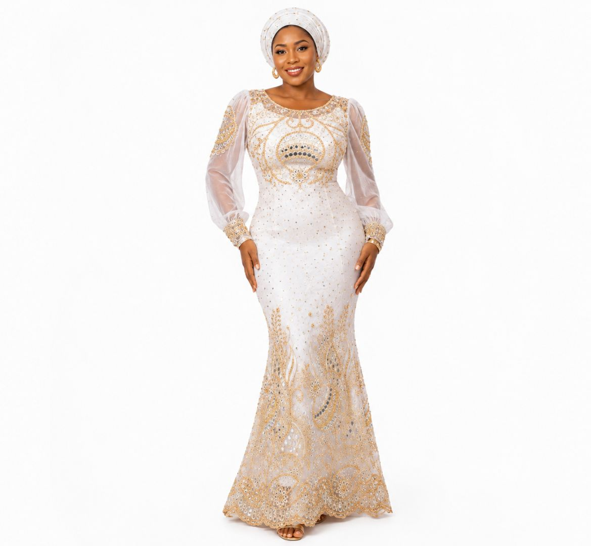 Luxury White and Gold Embroidered  George Lace Fabric with Stone Details