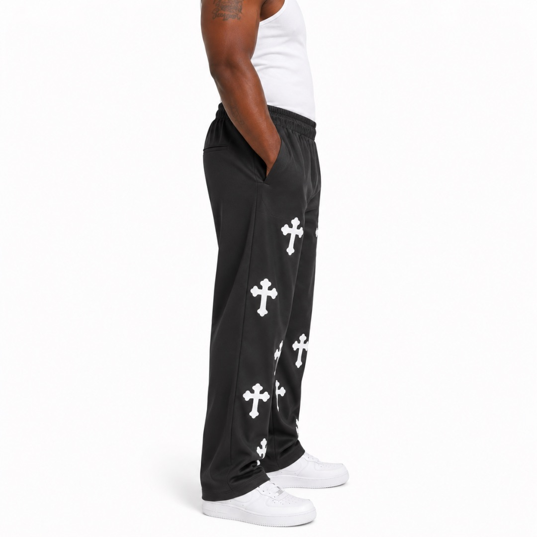 Unisex Black Cross Print Casual Trousers