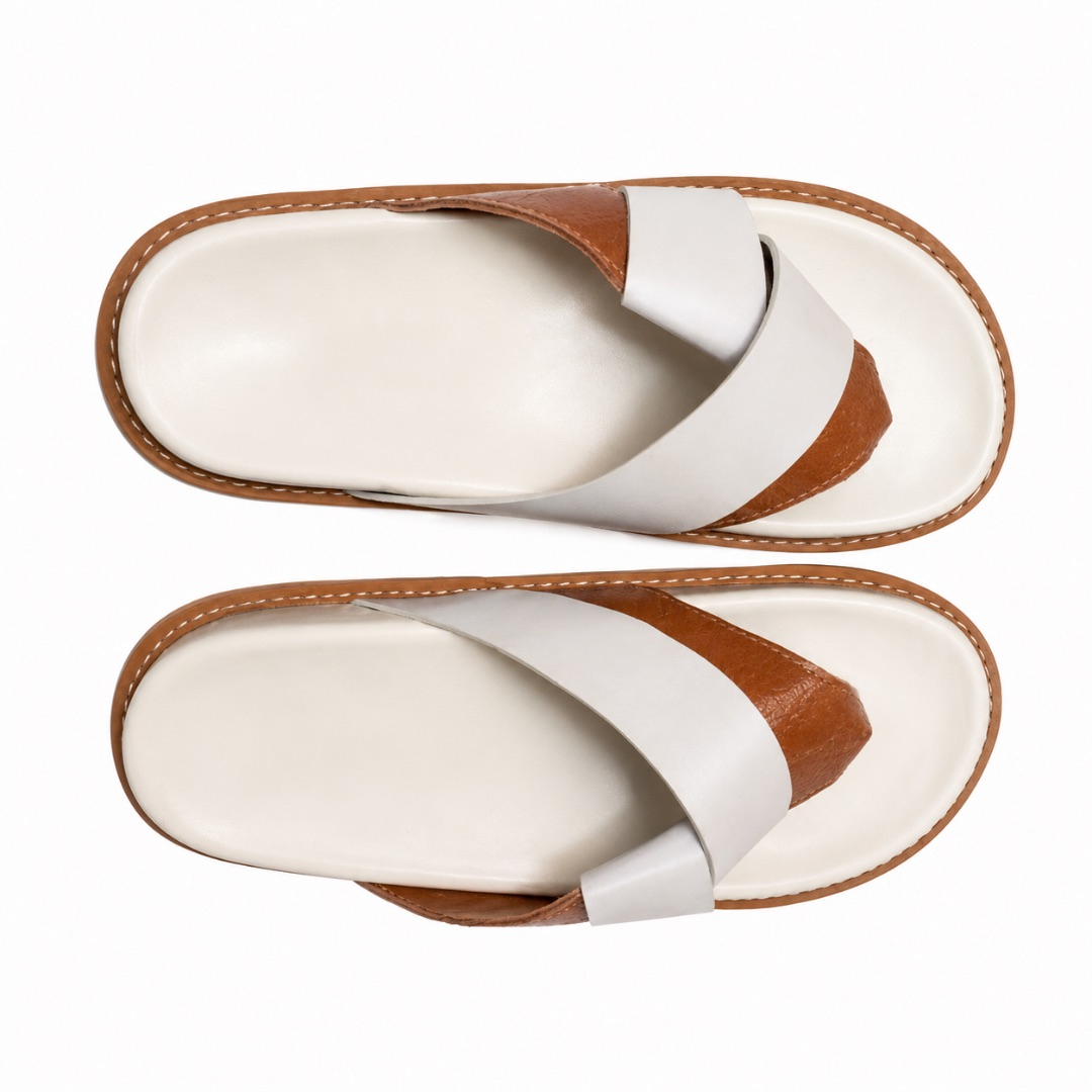 Unisex White and Brown Cross Strap Slide Sandals