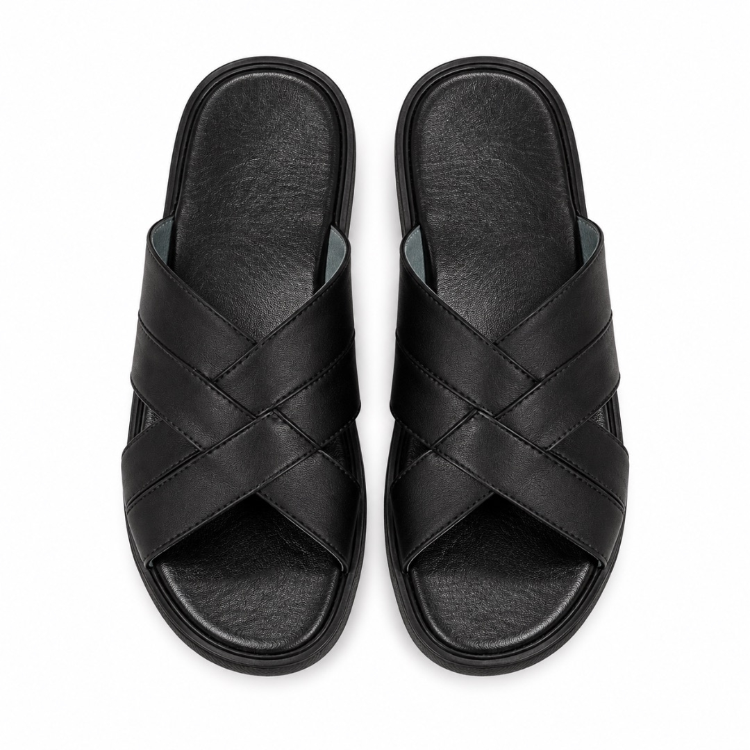 Unisex Black Woven Cross Strap Slide Sandals