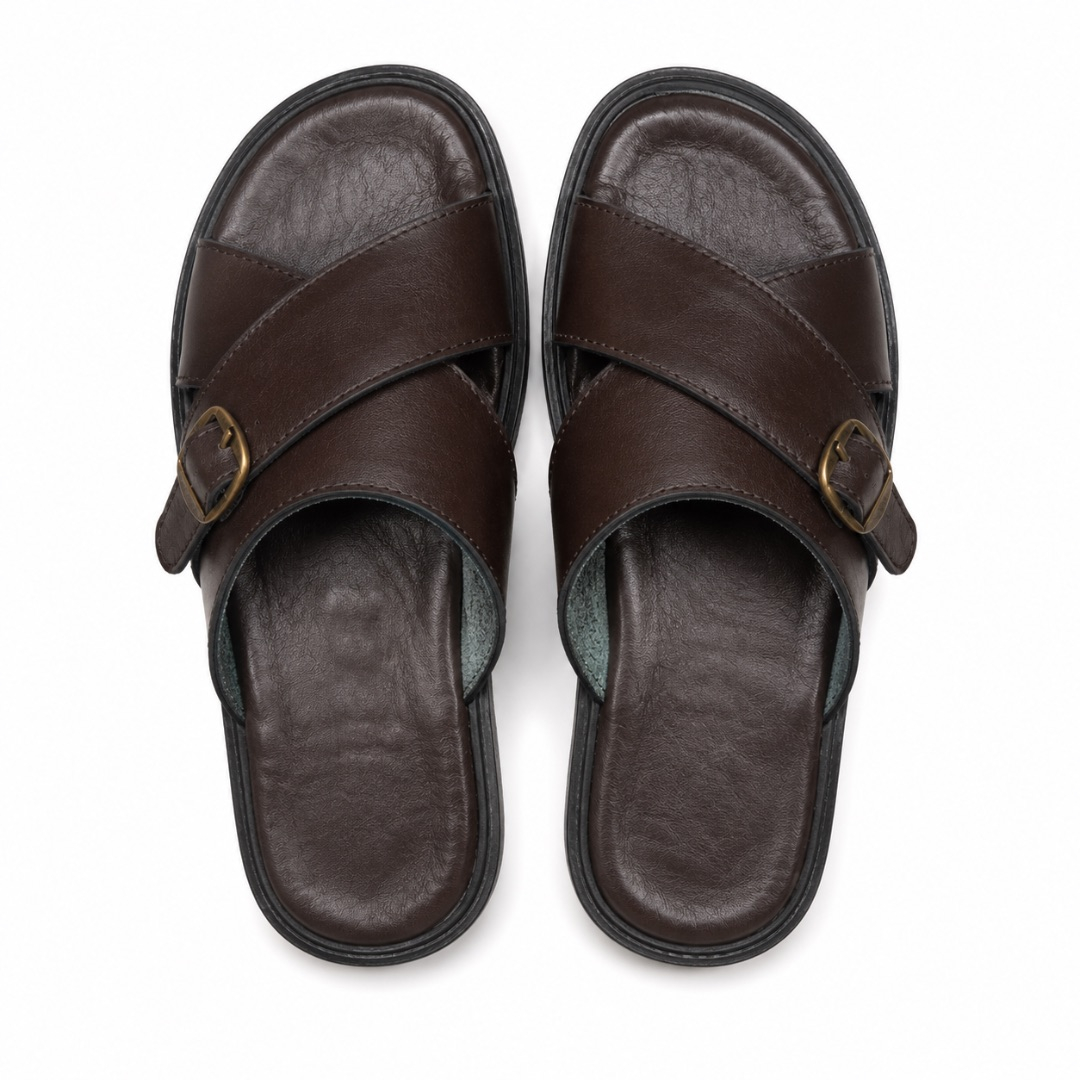 Unisex Dark Brown Buckle Cross Strap Slide Sandals
