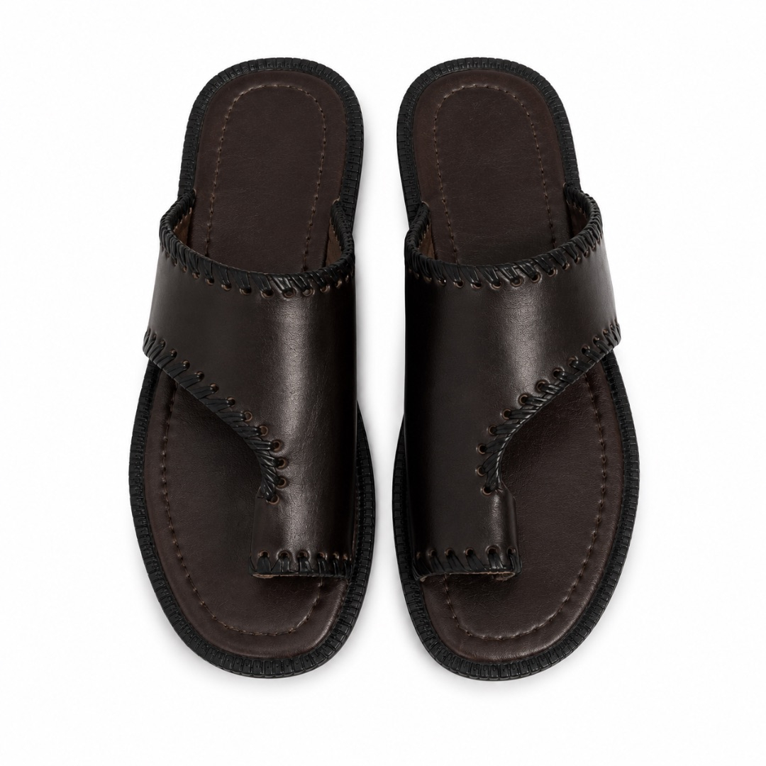 Unisex Dark Coffee Brown Handwoven Toe Loop Slide Sandals