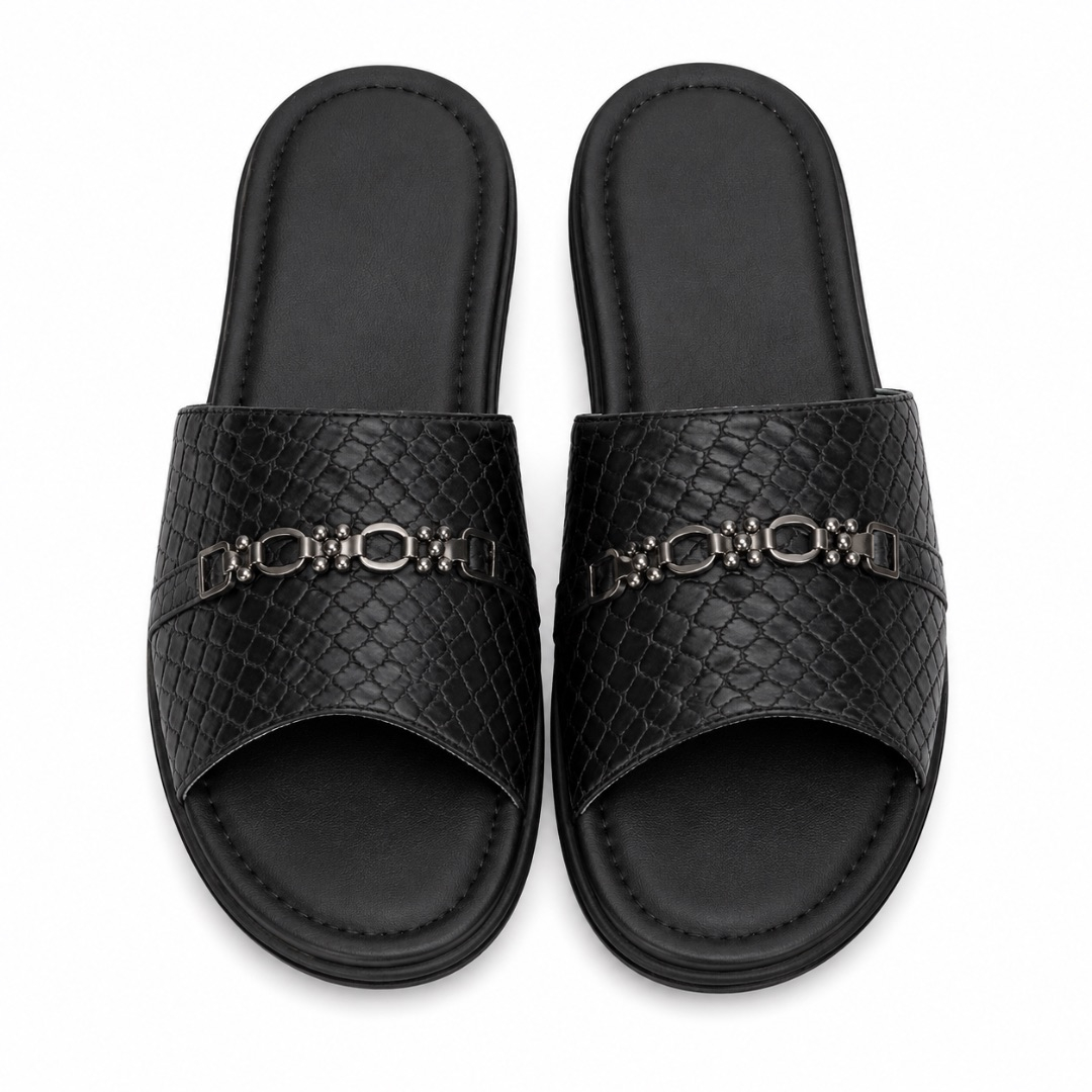 Unisex Black Croc Texture Luxury Slide Sandals