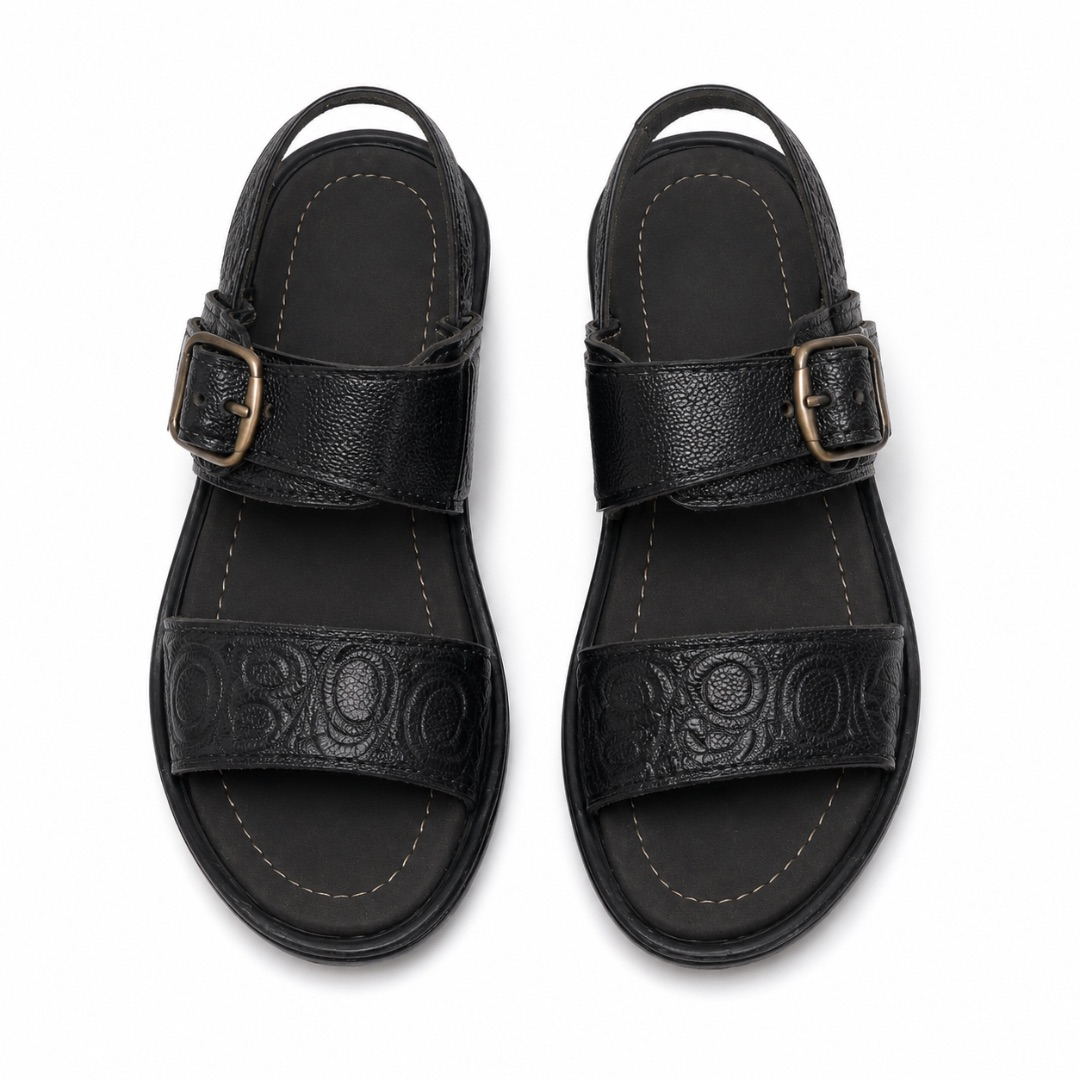 Mens Black Embossed Buckle Strap Casual Sandals