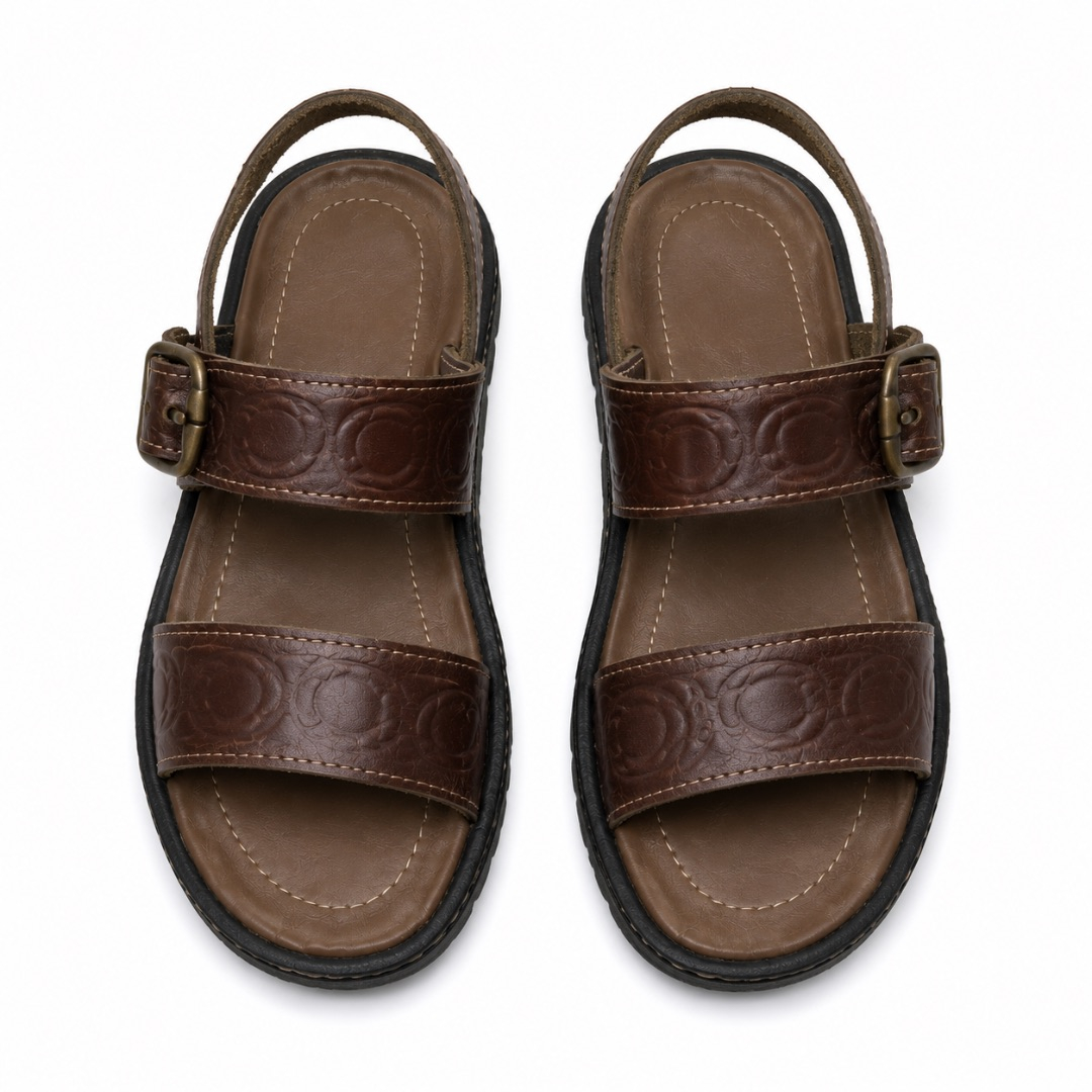 Mens Dark Brown Embossed Buckle Strap Sandals