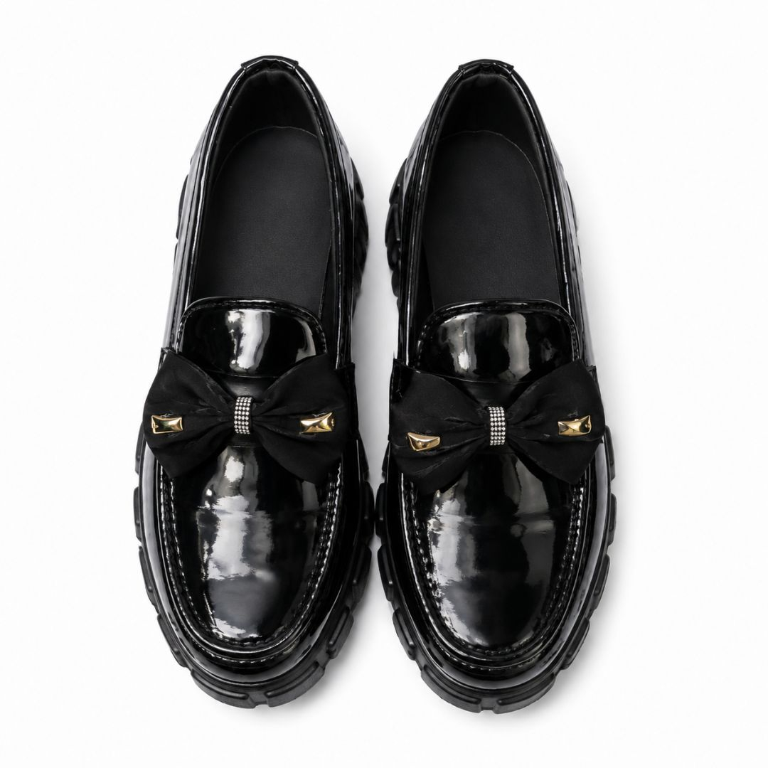 Womens Black Patent Chunky Loafer Shoes with Bow Detail