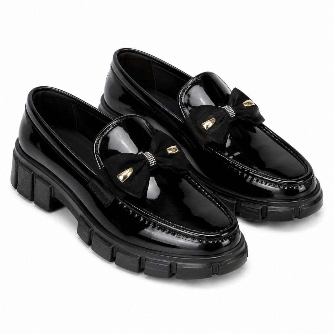 Womens Black Patent Chunky Loafer Shoes with Bow Detail
