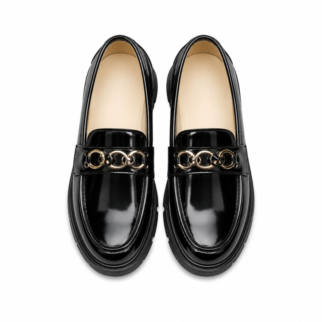 Unisex Black Patent Chunky Chain Loafers Shoe