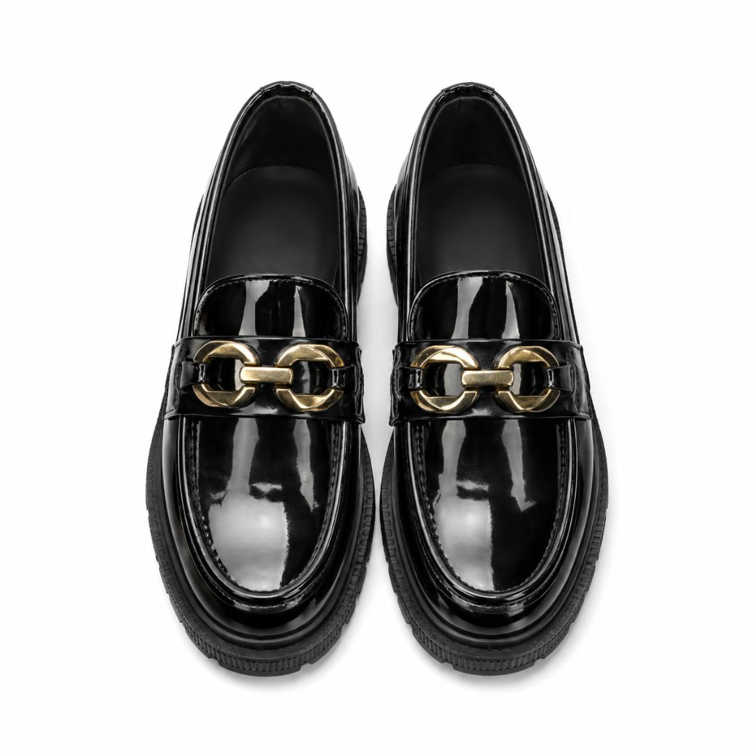 Unisex Black Patent Chunky Chain Loafers
