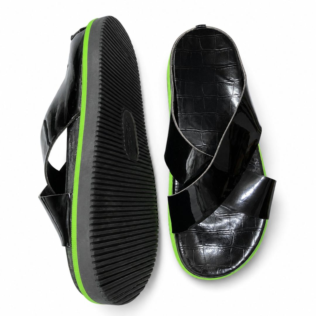 Criss Cross Black Patent Slides with Neon Sole