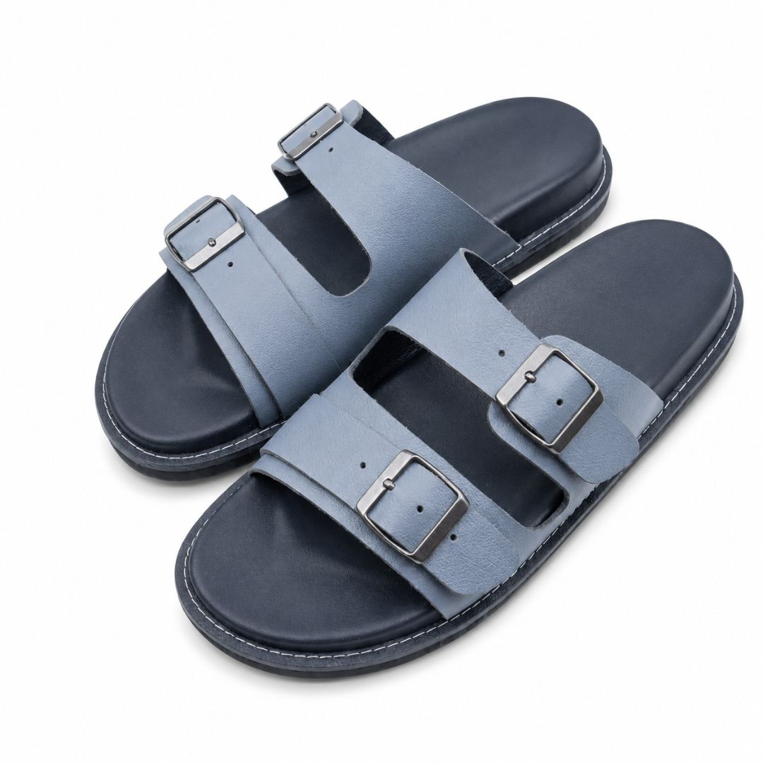 Quality Men  Grey Double Buckle Comfort Sandals