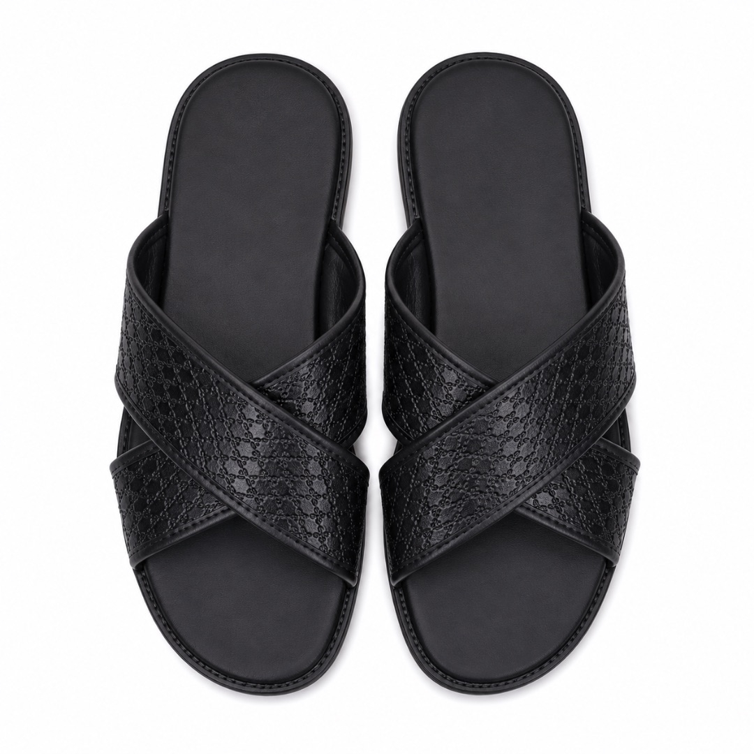 Mens  Black Textured Cross Strap Slide Sandals