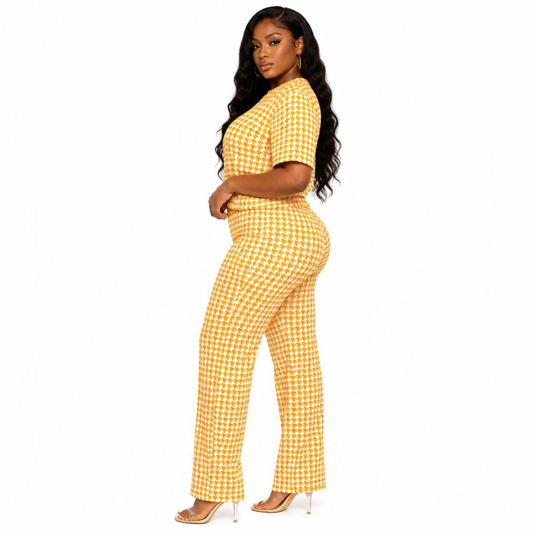 Yellow Houndstooth Two Piece Lounge Set
