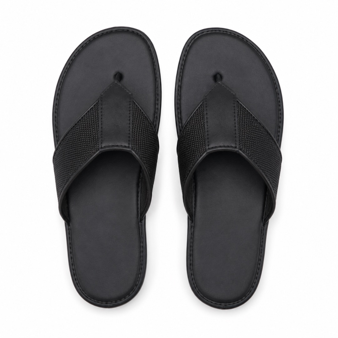 Mens  Black Minimalist Leather Flip Flop Sandals
