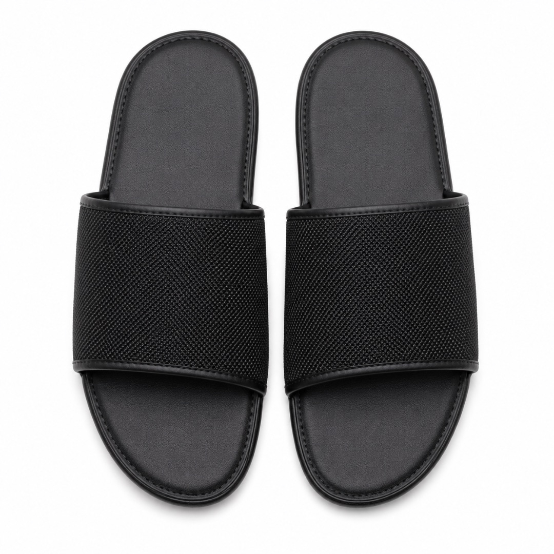 Mens  Black Textured Slip On Slide Sandals