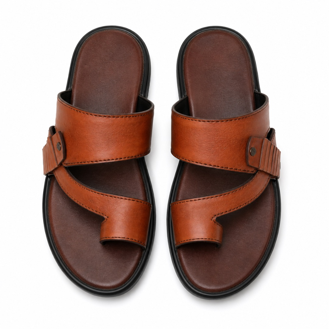 Mens  Brown Premium Toe Loop Leather Sandals
