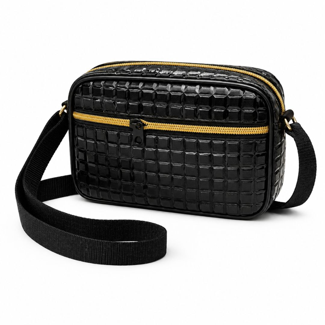 Black MultiPocket Crossbody Bag with Yellow Zipper
