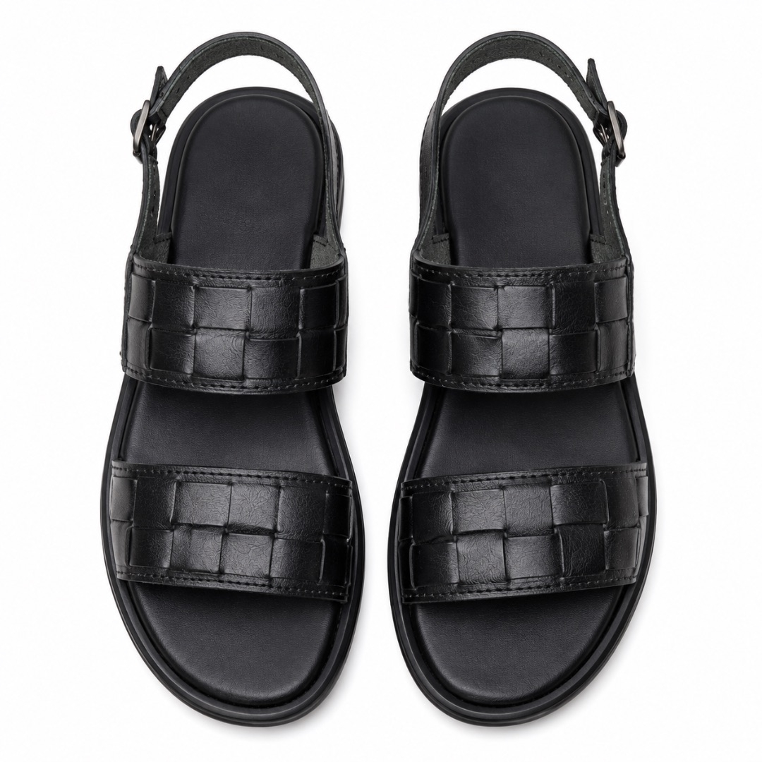 Mens  Black Woven Slingback Leather Sandals