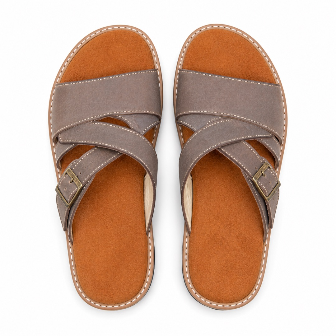 Mens Brown Cross Strap Comfort Slide Sandals