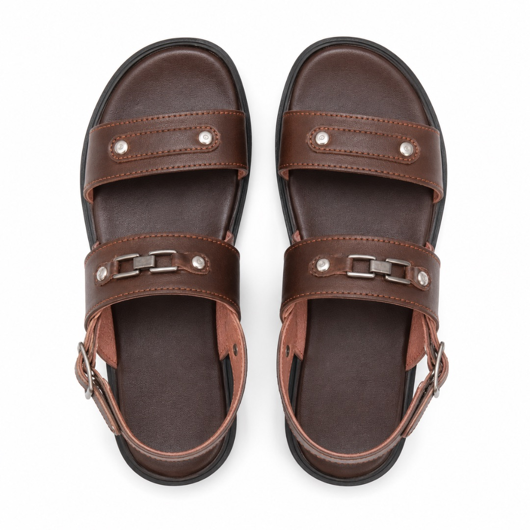 Mens Brown Dual Strap Slingback Sandals with Metal Accent