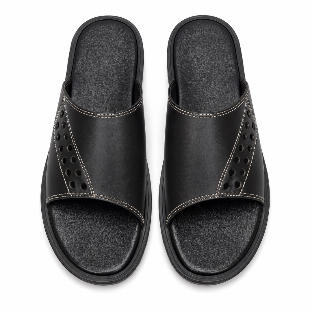 Mens  Black Perforated Comfort Slide Sandals