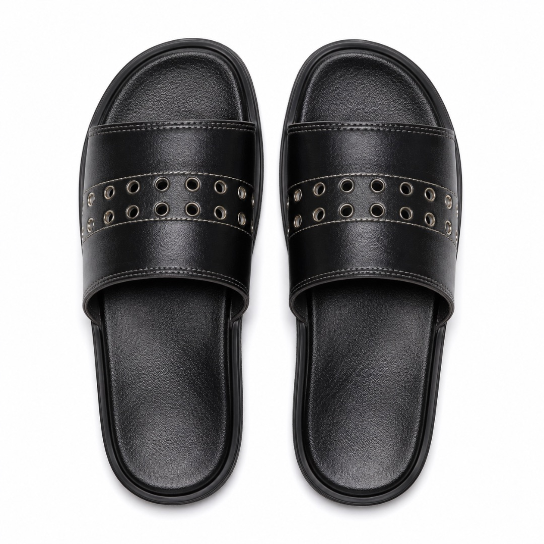 Mens  Black Eyelet Detail Slide Sandals