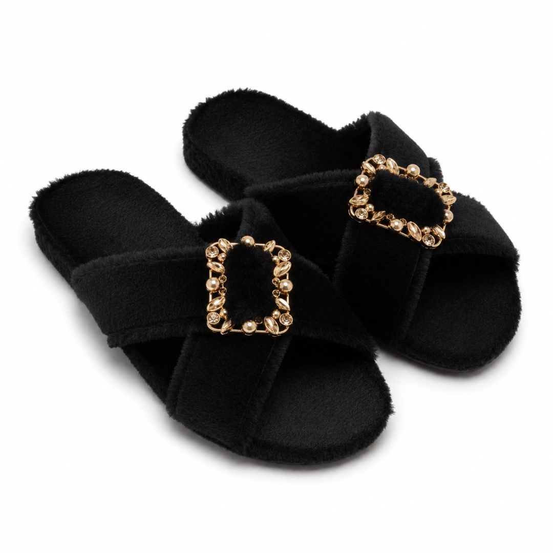 Womens Black Plush Cross Strap Slide Slippers