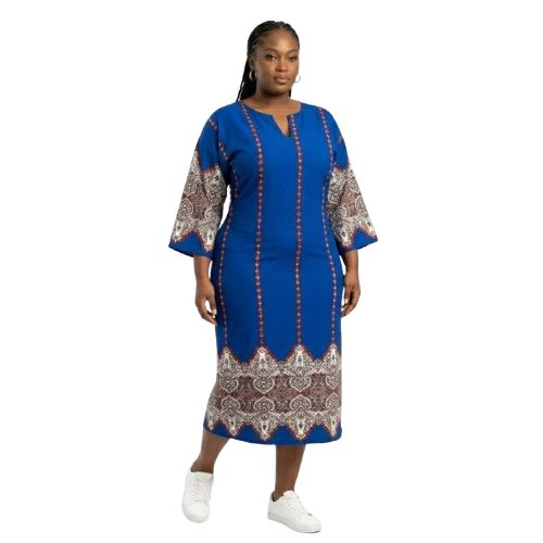 Womens Patterned Blue Caftan Style Tunic Dress