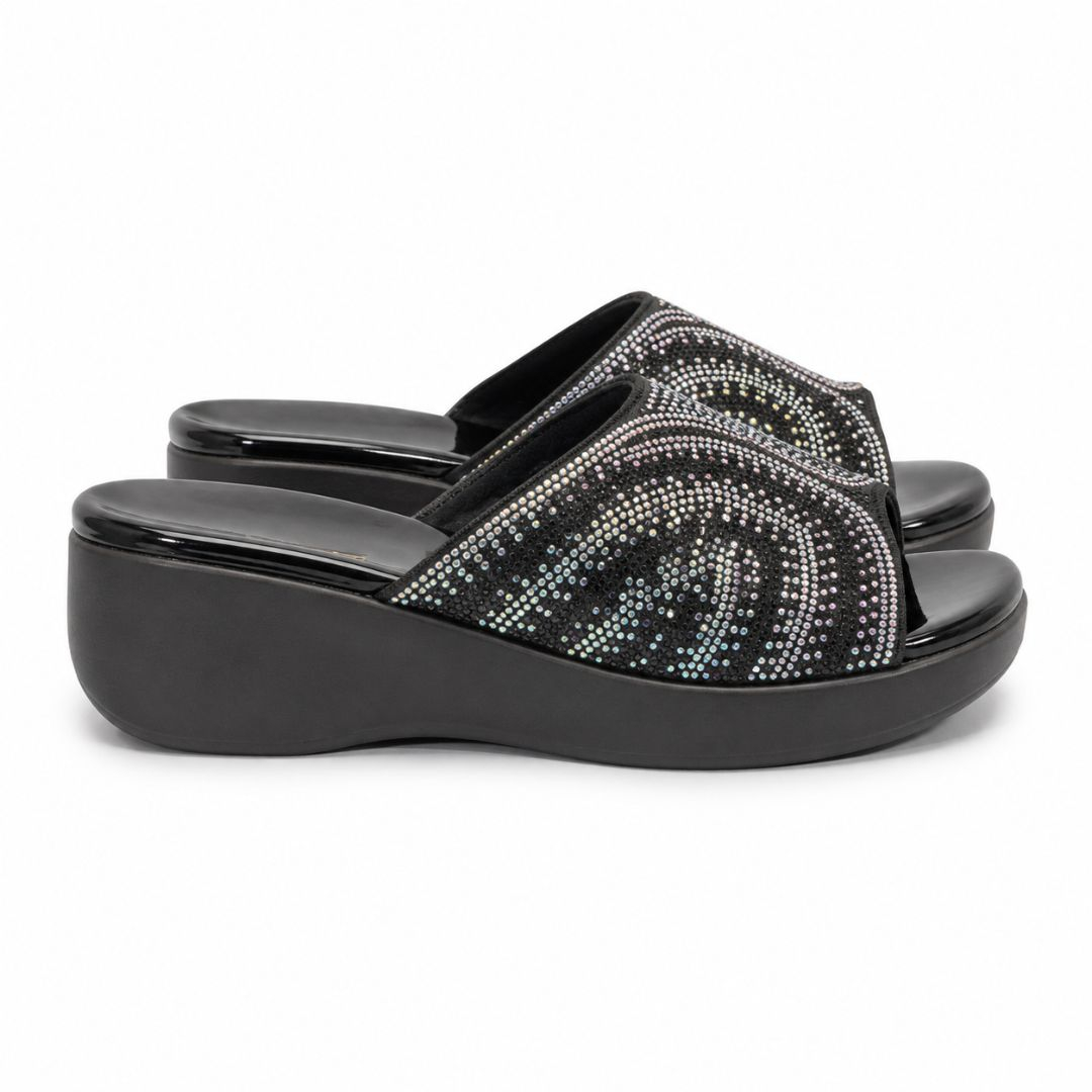 Womens Black Rhinestone Platform Slide Sandals