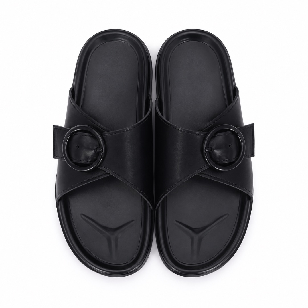 Mens  Black Cross Strap Buckle Slide Sandals