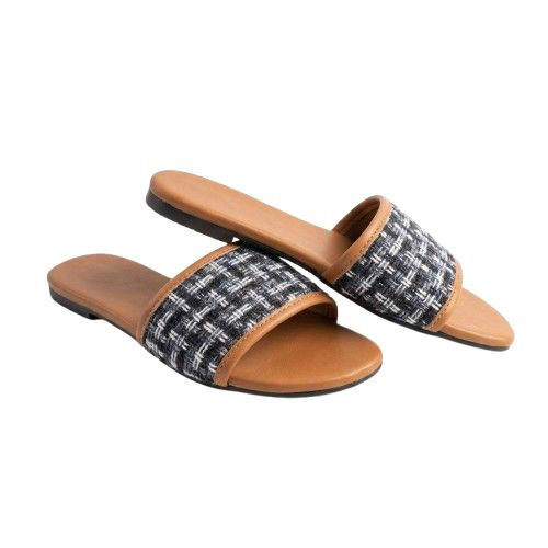 Womens Woven Strap Flat Slide Sandals with Tan Sole