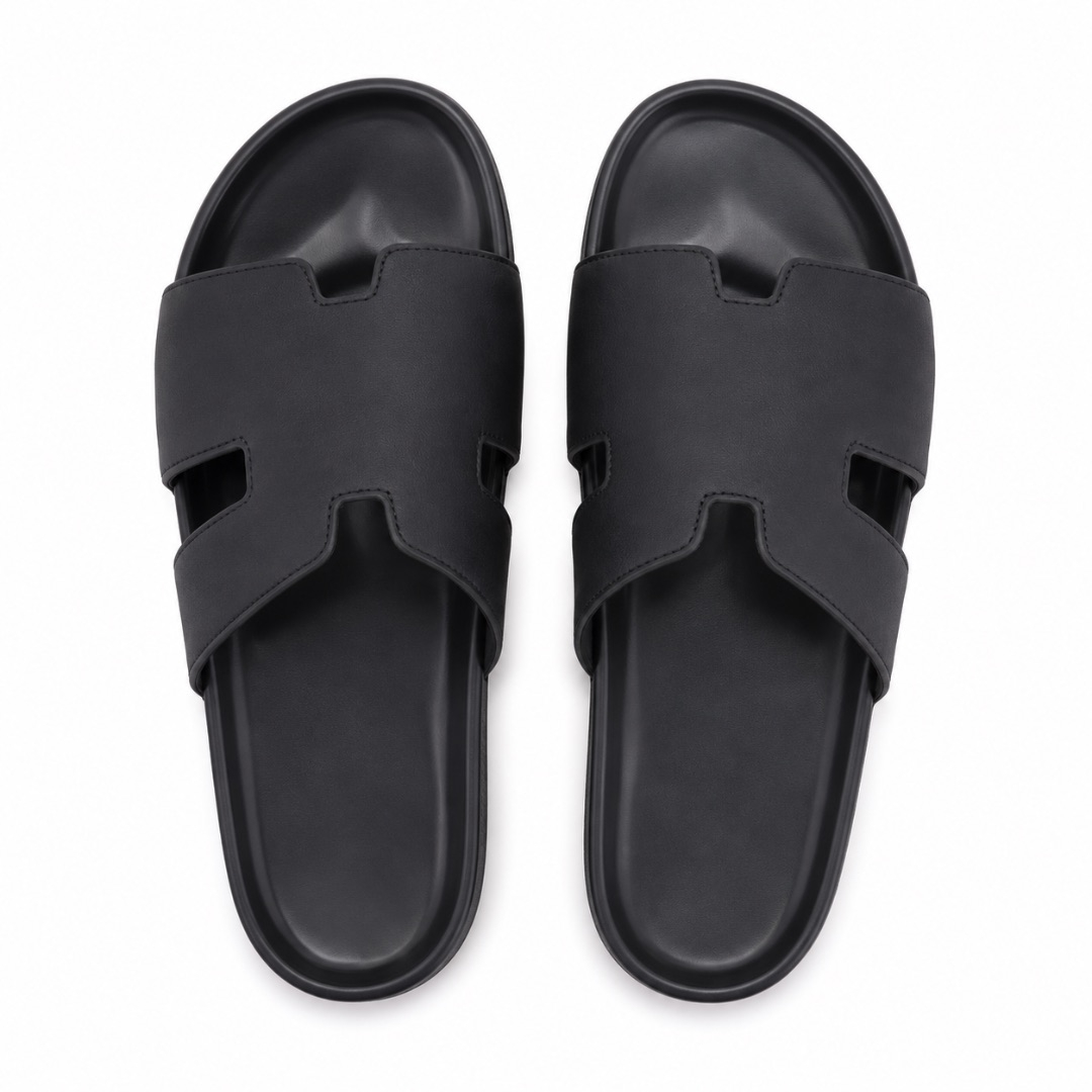 Mens  Black Luxury Cutout Slide Sandals