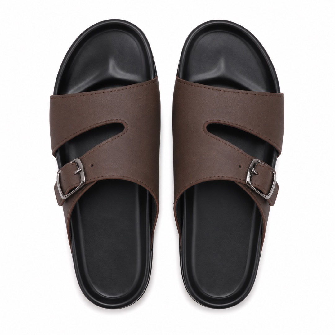 Mens  Brown Cutout Buckle Slide Sandals