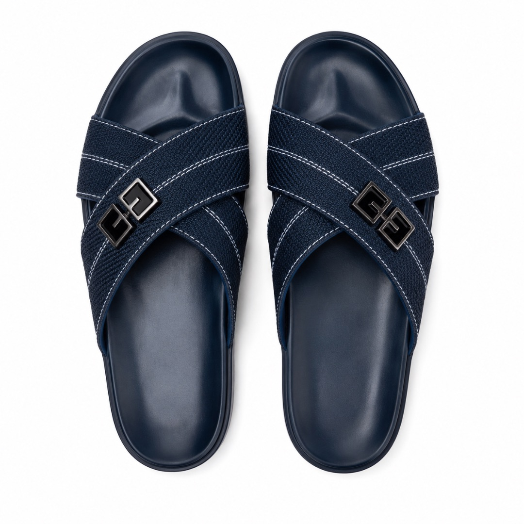 Mens  Navy Blue Cross Strap Comfort Slide Sandals