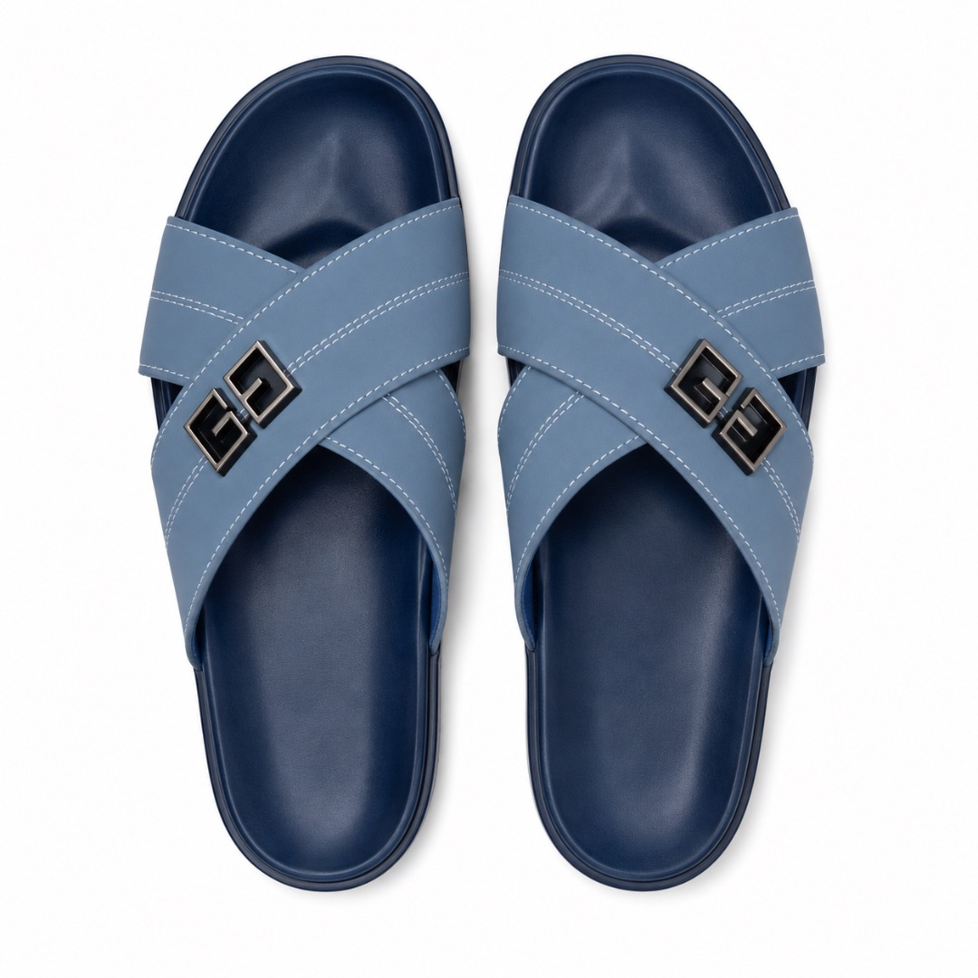 Mens  Sky Blue Cross Strap Comfort Slide Sandals