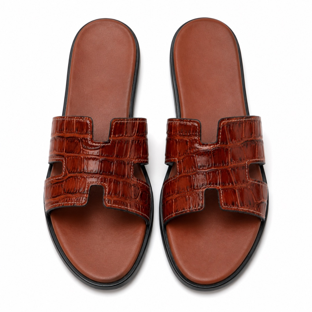 Mens  Brown Croc Texture Luxury Slide Sandals