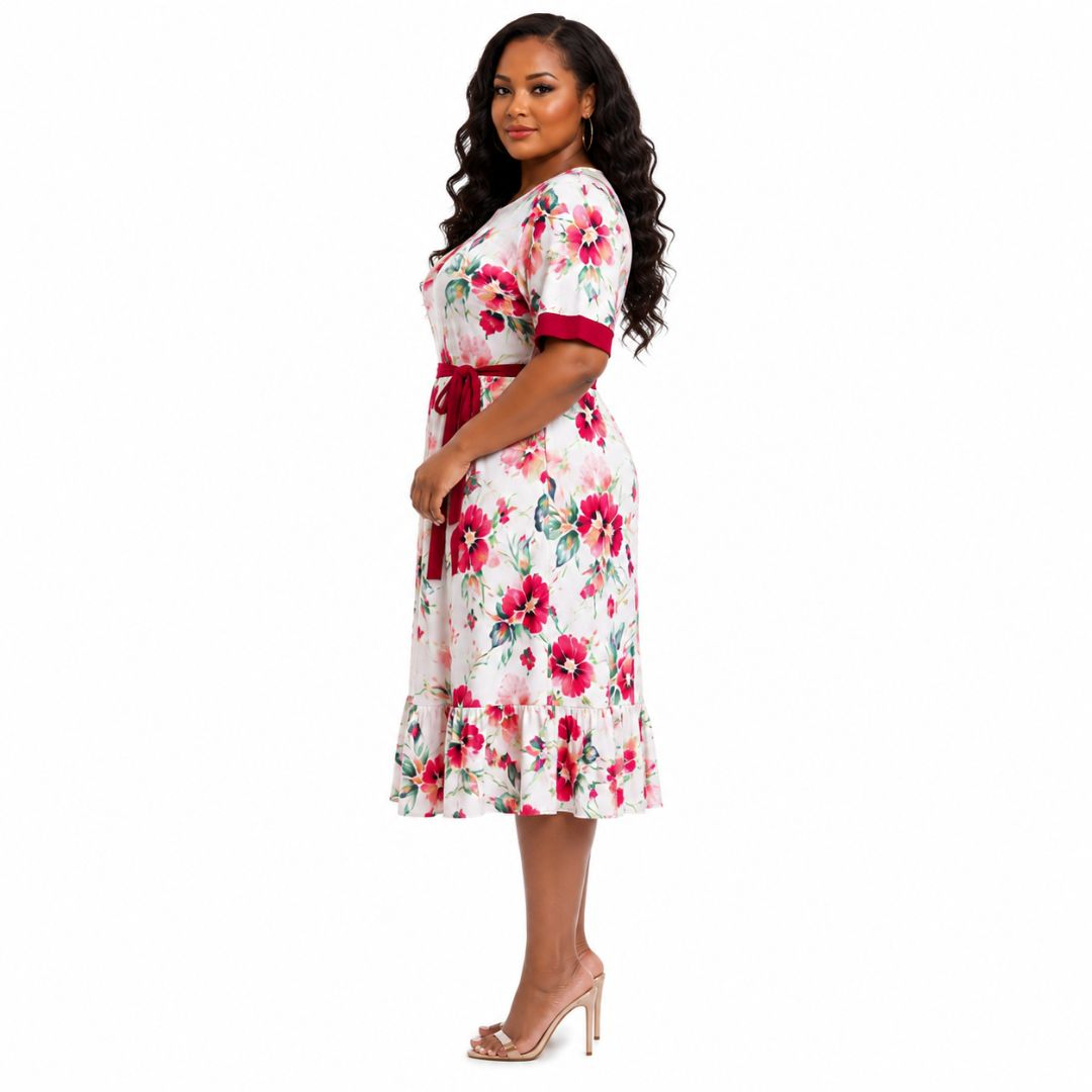 Womens Floral Print Midi Dress with Waist Tie