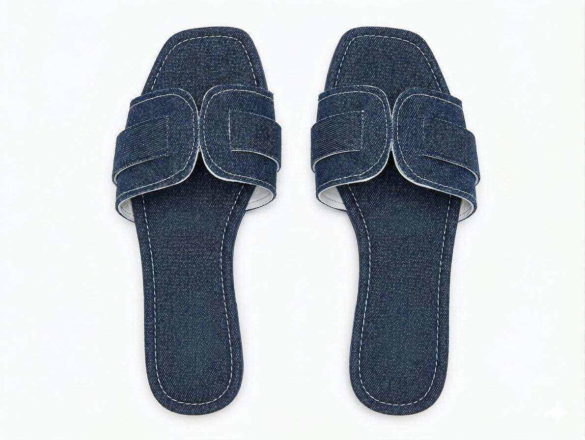 Womens Dark Denim Flat Slide Sandals